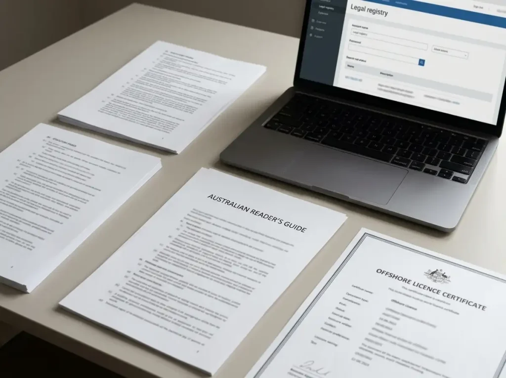 Australian legal reference materials beside an abstract offshore licence certificate and a neutral laptop screen
