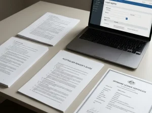 Australian legal reference materials beside an abstract offshore licence certificate and a neutral laptop screen