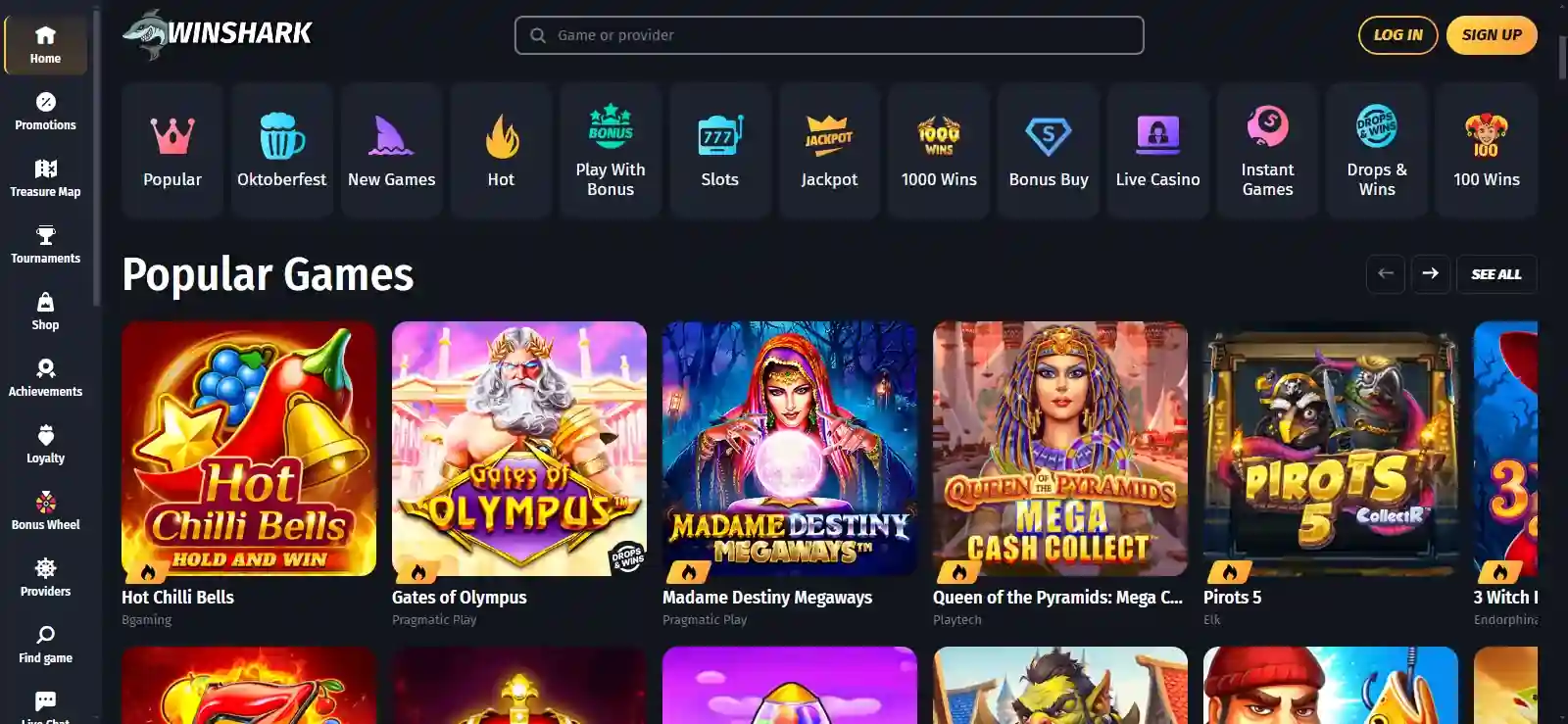 WinShark homepage header and game-lobby navigation