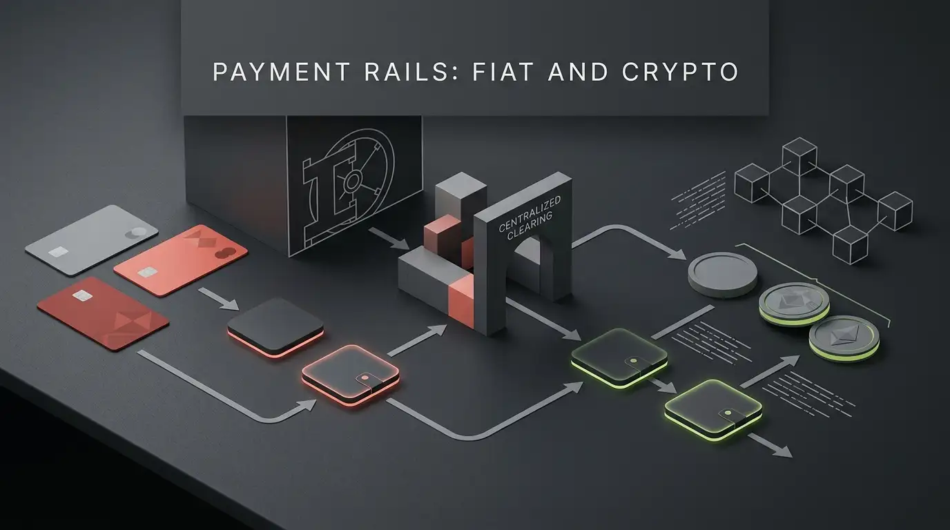Editorial desk scene with abstract fiat payment cards, crypto token shapes and a transfer flow diagram