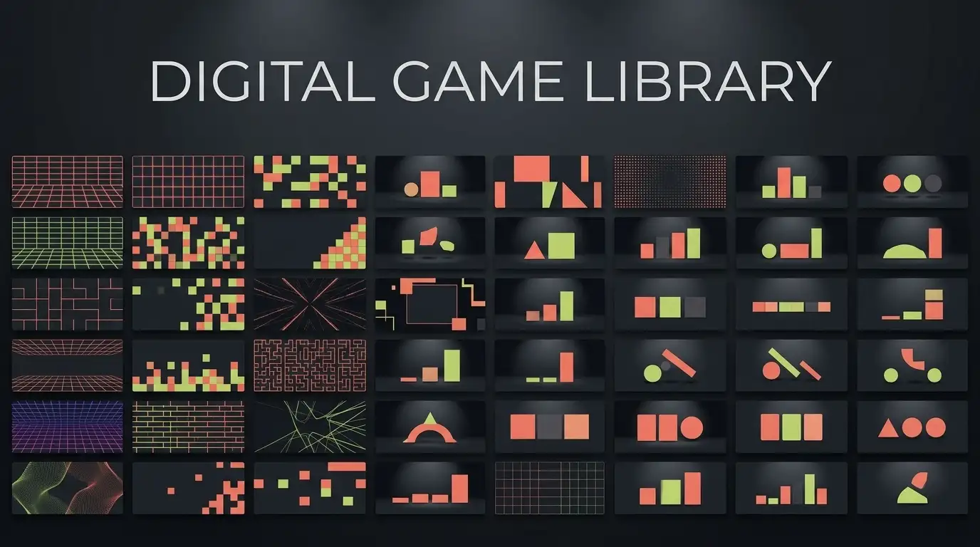 Abstract gaming catalogue wall with varied studio and slot-style thumbnails represented as unbranded geometric panels