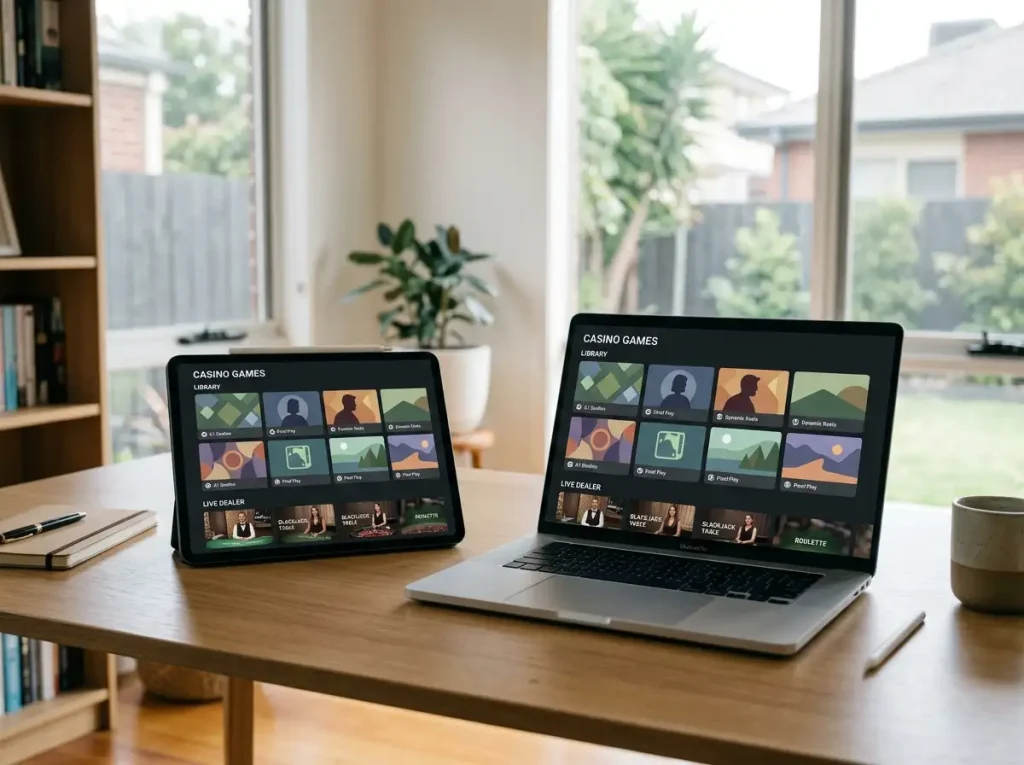 A neutral online gaming catalogue interface with tiled game categories and live-dealer studio thumbnails on a laptop and tablet