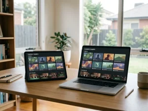 A neutral online gaming catalogue interface with tiled game categories and live-dealer studio thumbnails on a laptop and tablet