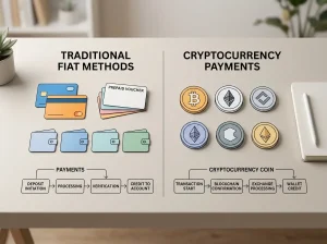 Neutral payment comparison desk with abstract bank cards, digital wallet tiles and cryptocurrency symbols beside a transfer-flow diagram