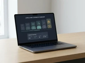 A neutral digital loyalty progression dashboard with five ascending stages, slot-category indicators and a separate cashback summary card on a laptop screen