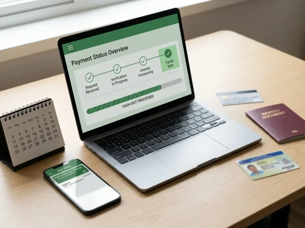A neutral laptop cashout screen beside identity documents, a mobile wallet and a simple calendar on a desk