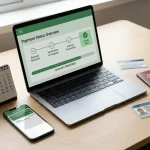 A neutral laptop cashout screen beside identity documents, a mobile wallet and a simple calendar on a desk